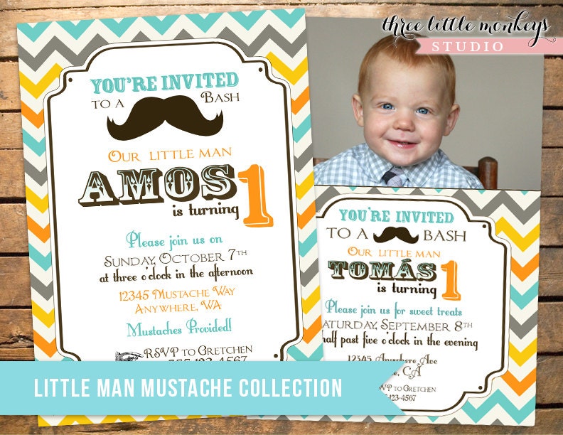Vintage Little Man Mustache Birthday Invitation - Orange Multi