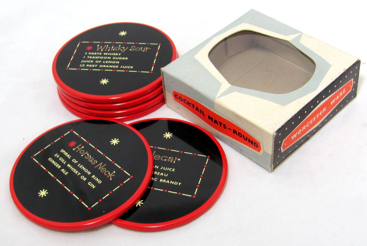 Retro 1950s Coasters, Mid Century Modern Cocktail Recipe Worcester Ware Metal & Enamel Drinks Coasters Barware