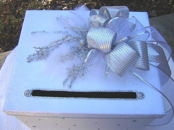 The LARA Box Large Wedding Card Money Box White SILVER Feathers Baubles ELEGANT