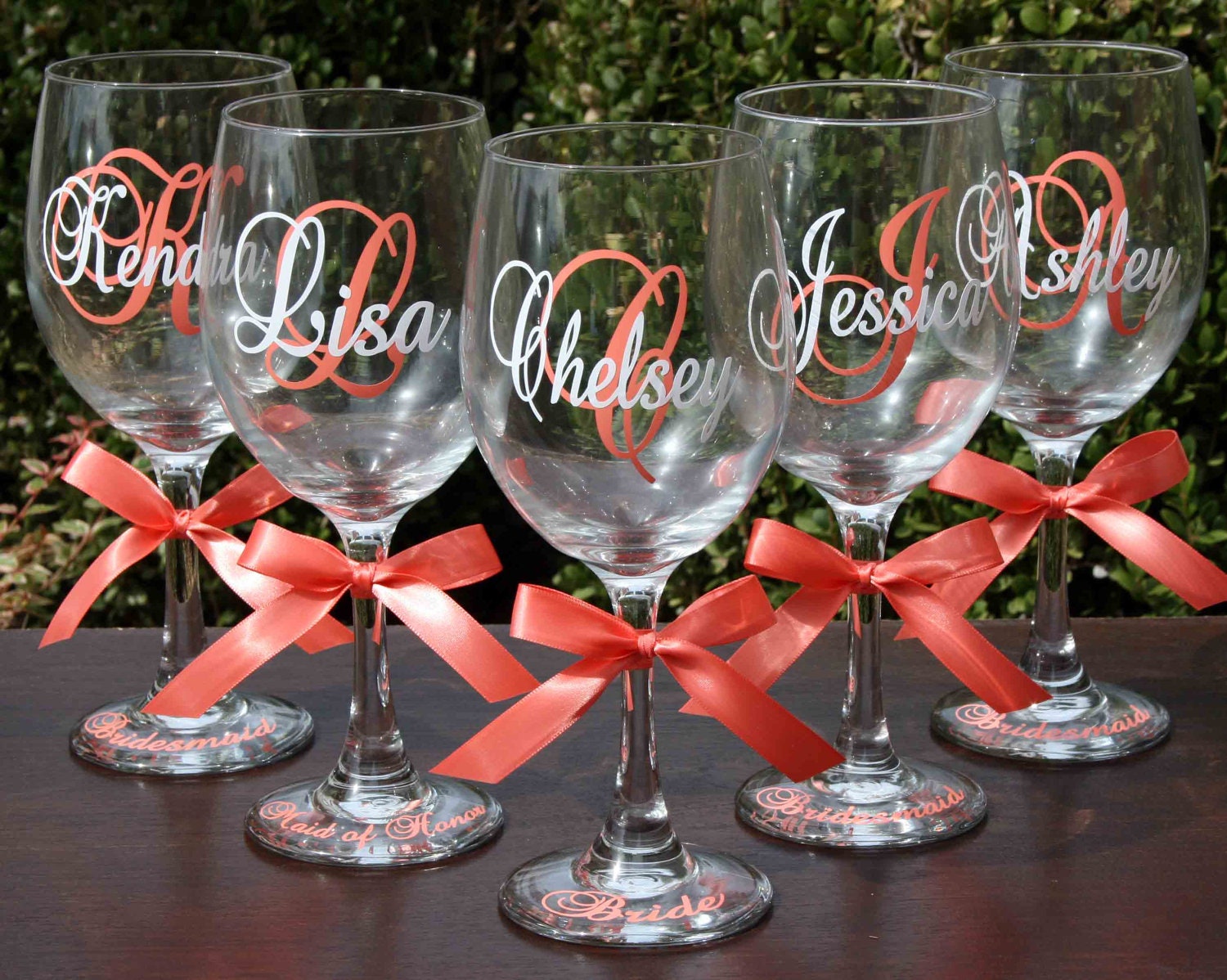 6 Personalized  Bride and Bridesmaid Wine Glasses and 7 Pilsner Glasses
