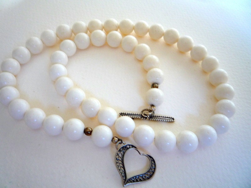 White Coral necklace with Sterling Silver heart clasp.