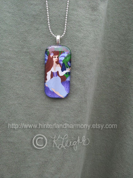 Beautiful Faerie sitting on Purple Mushroom with Butterfly on Her Hand Womens Pendant Necklace