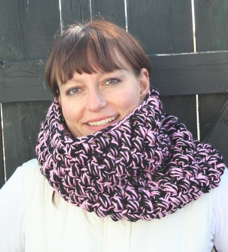 Crochet Pink And Black Bobble Puff Textured Cowl Neckwarmer By JennisCrochet