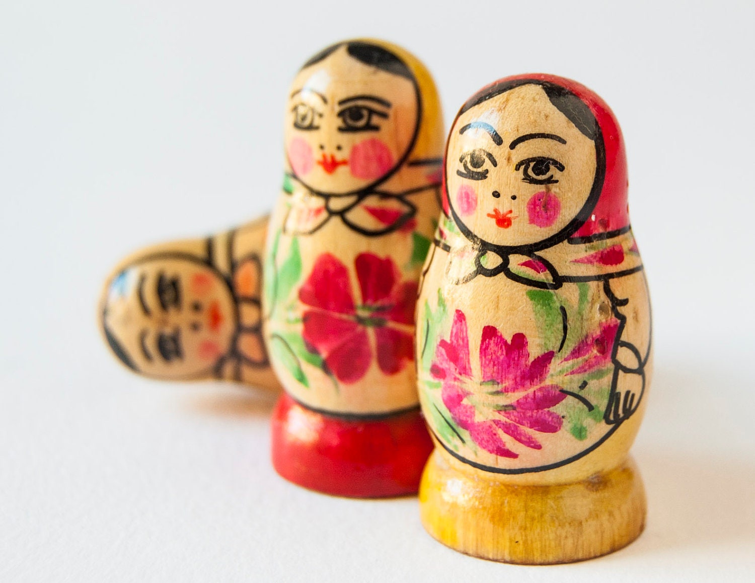 Russian Matryoshkas, tiny little nesting dolls, hand painted, red flowers, Soviet Union