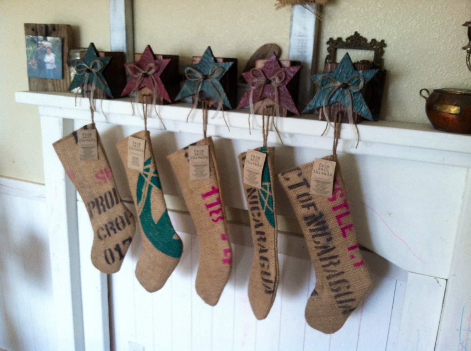 Rustic Christmas Stocking Holder Distressed Red & Green - Set of 5