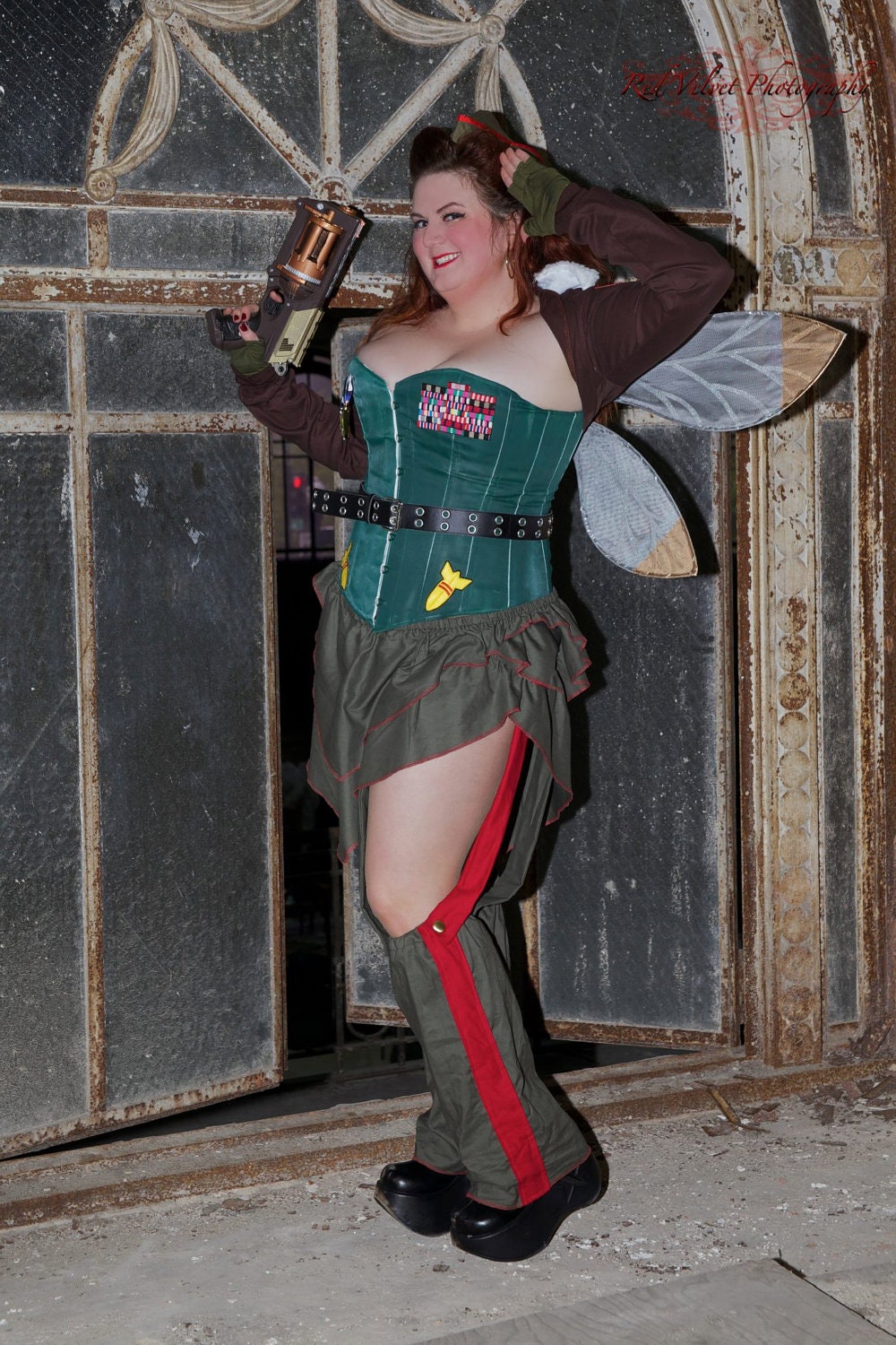Steampunk Military Costume- Plus Size Steel Boned corset, Skirt with Attached Garters and Leg Warmers Available to ship ASAP