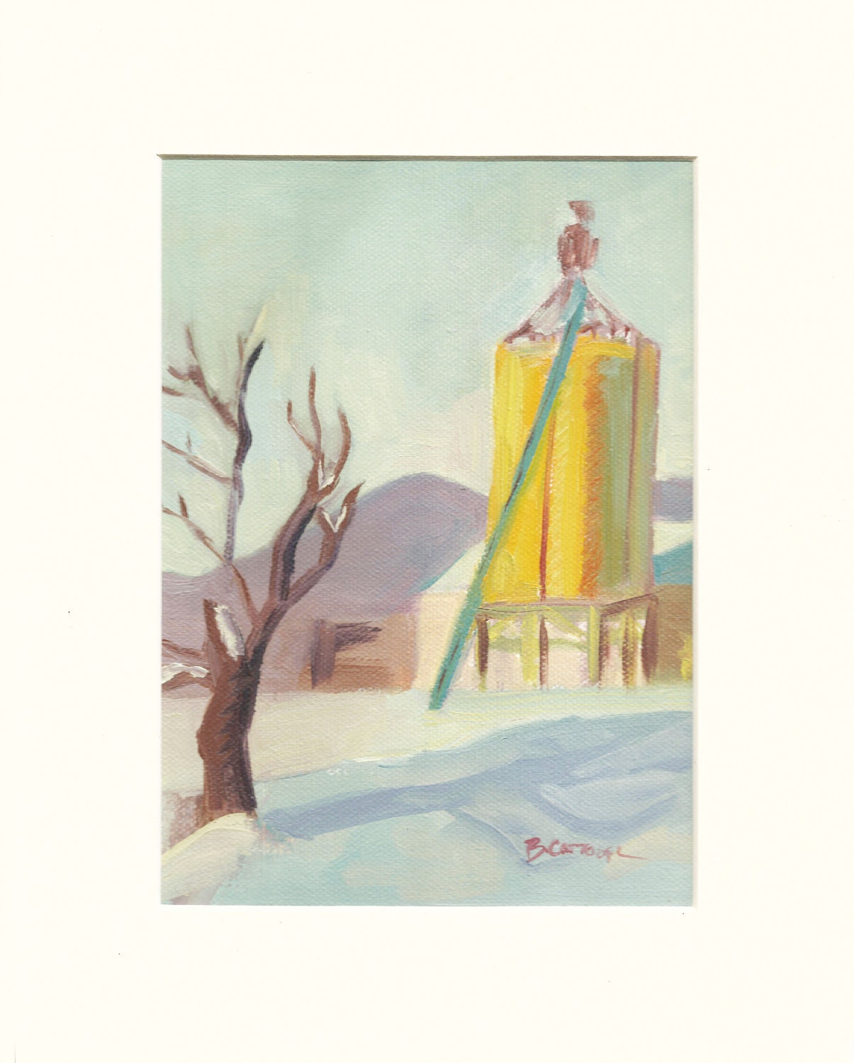 Fine Art, Mini oil painting original (5 x 7) STUDY. Contemporary Yellow Silo. Fine art by Brandy Cattoor.