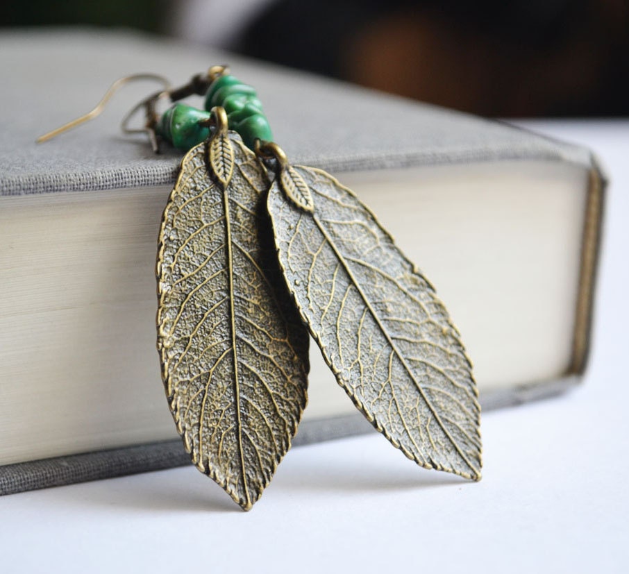 Leaf Imprint Earrings Turquoise,Woodland Leaf Imprint Earrings with Turquoise, Earthy Woodsy Jewelry, Love n Lavish