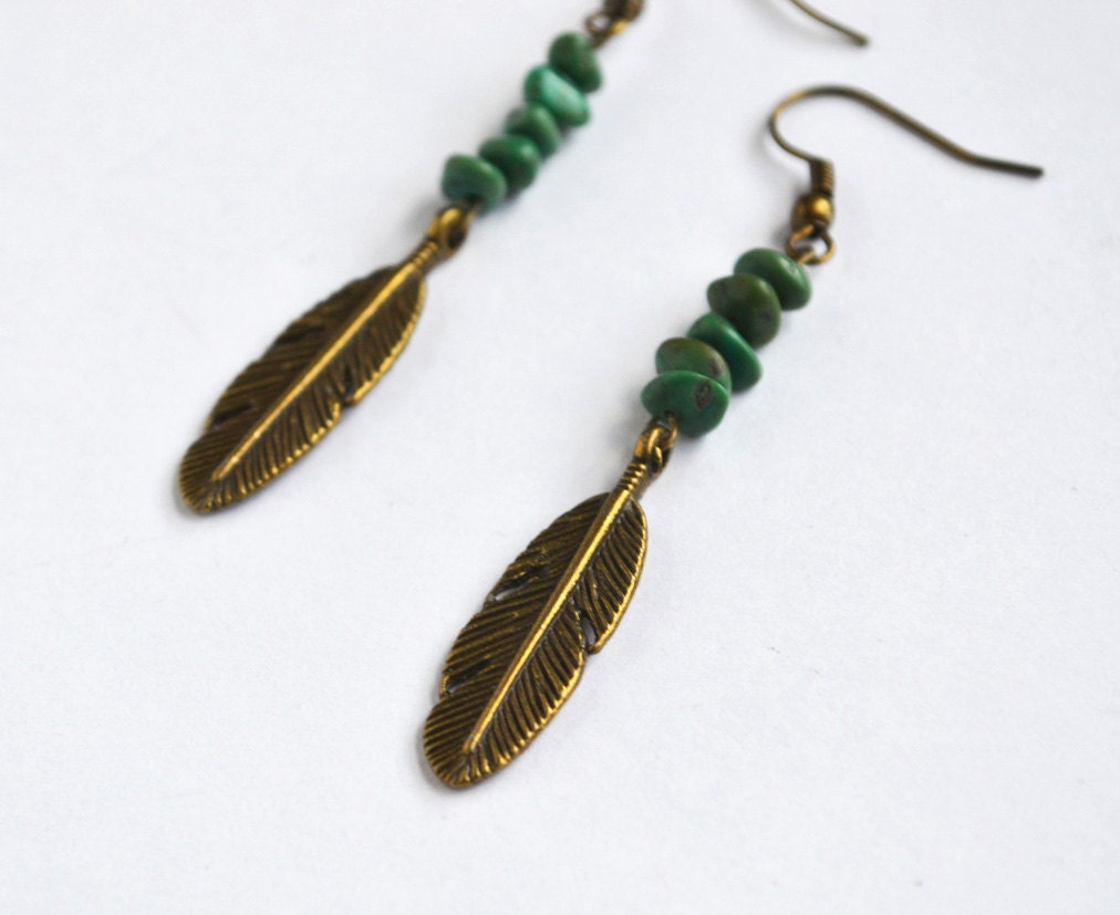 Woodland Feather Earrings. Turquoise Earthy Jewelry. Nature Inspired Jewelry. Feather Charm Turquoise Chips.Canadian Shop