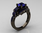 Modern Edwardian 14K Black Gold 1.0 Carat Blue Sapphire Ring R202-14KBGBS