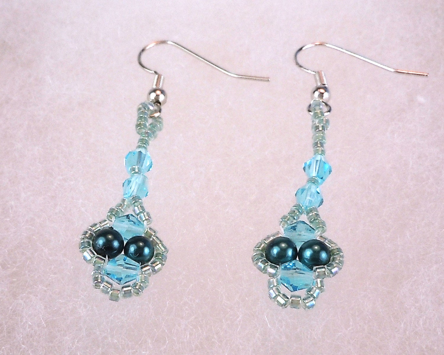 Aqua Crystal and Pearl Dangle Earrings - Nickel Free Ear Wires - OOAK