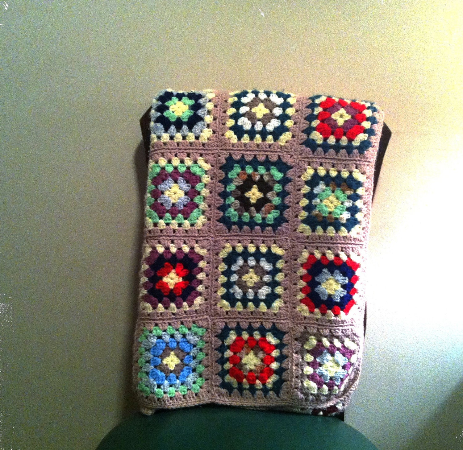 Vintage throw blanket- 70s Afghan -Blanket- Multicolor-  Granny Square-