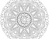 Instant Download Coloring Page Hand Drawn Zentangle Mehndi Inspired Psychedelic "Joyful" Mandala Abstract Zendoodle Doodle By Kat