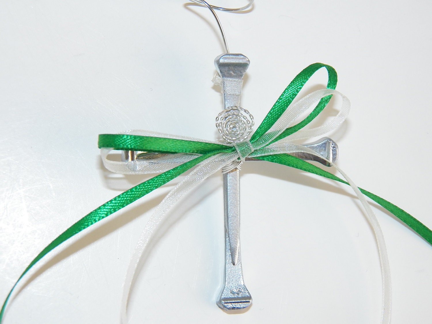Cross Christmas Ornament Home Decor Wall Hanging Silver Horseshoe Nail Cross Silver Wire Wrapped Ribbon Handmade Montana USA Free Shipping