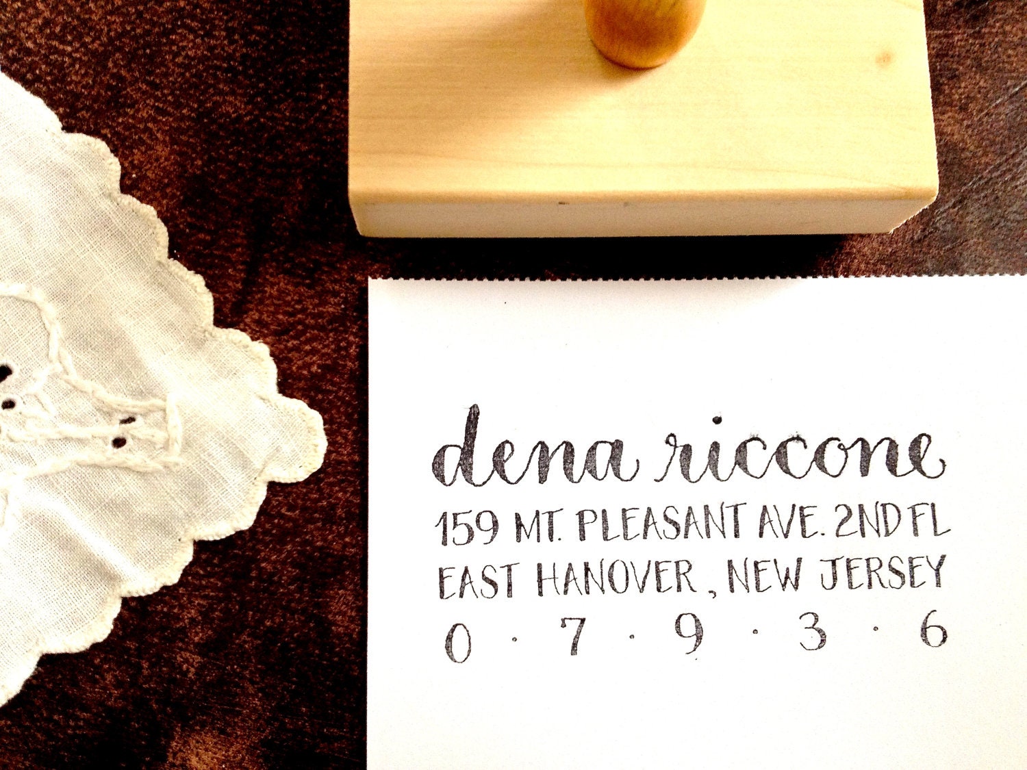 CALLIGRAPHY ADDRESS STAMP - Return Address FullJustified - Script & Block Caps - Custom, Wedding Envelopes - Wooden Handle