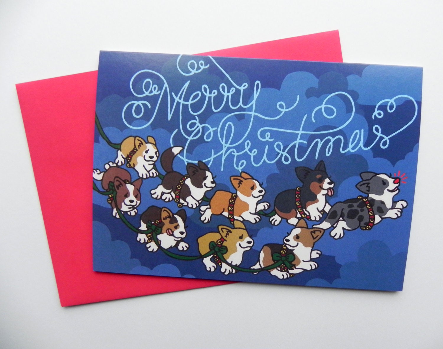 Corgi Merry Christmas Reindeer Greeting Card