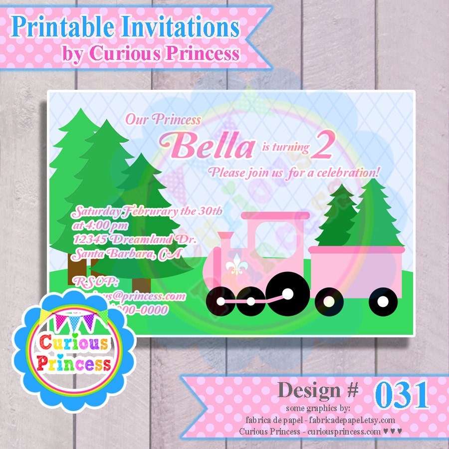 031 pink train girl invitations or thank you cards birthday party PRINTABLE DIGITAL girly cute pine tree 4x6
