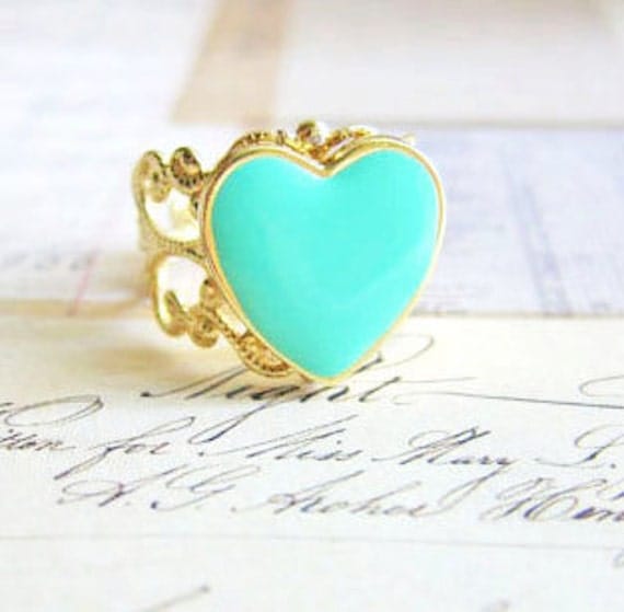 Mint Ring Mint Gold Ring Mint Heart Ring Gold Filigree Ring Gold Lace Vintage Style Ring Turquoise Seafoam Aqua Gold Ring - XOXO Minty Green