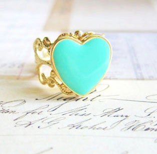 Mint Ring Mint Gold Ring Mint Heart Ring Gold Filigree Ring Gold Lace Vintage Style Ring Turquoise Seafoam Aqua Gold Ring - XOXO Minty Green