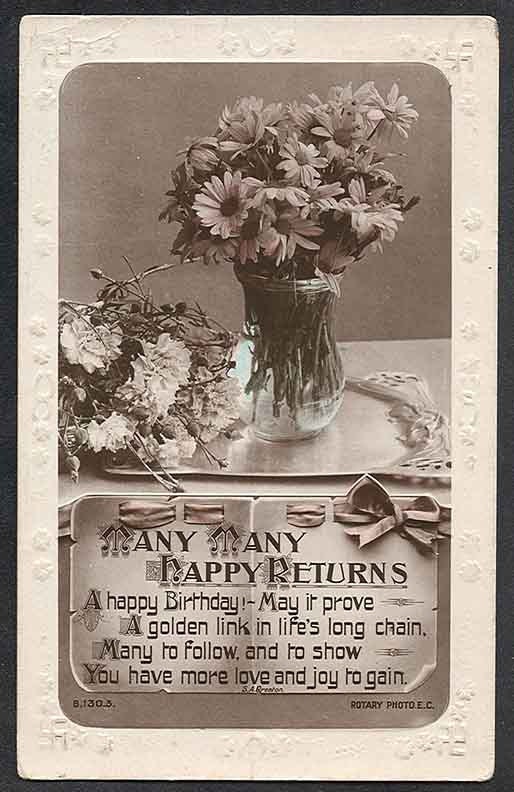 1919 Real Photo PC Rotary Series vase of FLOWERS Still Life Antique Birthday CARD beautiful