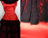 valentines' lipstick red hot fitted bodice, drop waist, double satin and black lace flounced dress, metal zipper, beautifully made
