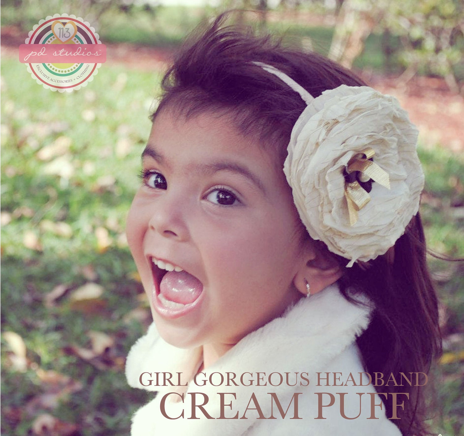 Girl Hair Accessory, Cream Puff Gorgeous Big Fabric Flower, with Brown Feathers, Gold Bow and Black Flower