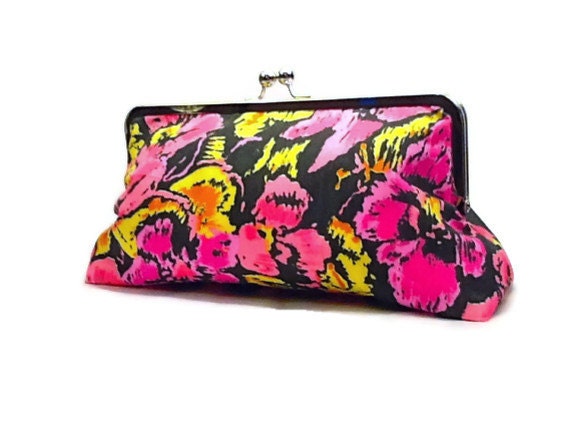 Large clutch purse, neon pink and gray