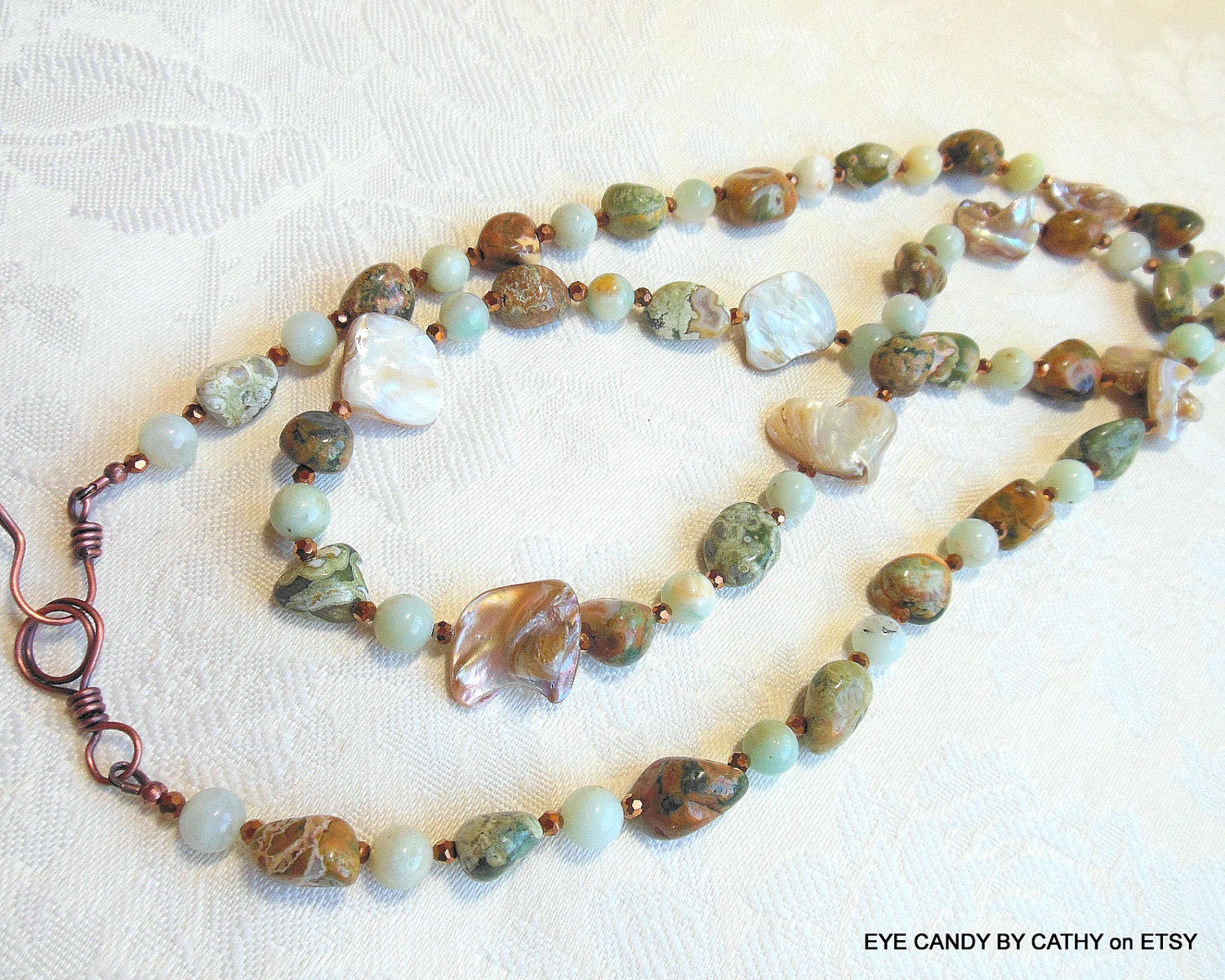 Long necklace, green and brown, amazonite, rhyolite, copper crystals, mother of pearl and copper clasp