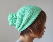 Crochet Hat for Women and Men, Mint Green Slouchy Hat, Pom Pom Hat, Hand Crocheted Women Hat, Unique Flower Pom, Winter Accessories