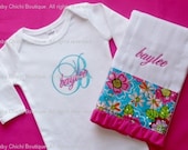 Baby Girl Onesie or Gown and Floral Burp Cloth - Turquoise and Hot Pink Monogram - Newborn thru 12 months
