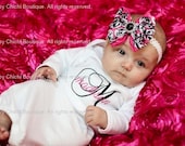 Baby Girl Onesie or Gown and Zebra Rosette Hair Bow with Rhinestone - Black and Hot Pink Monogram - Newborn thru 12 months