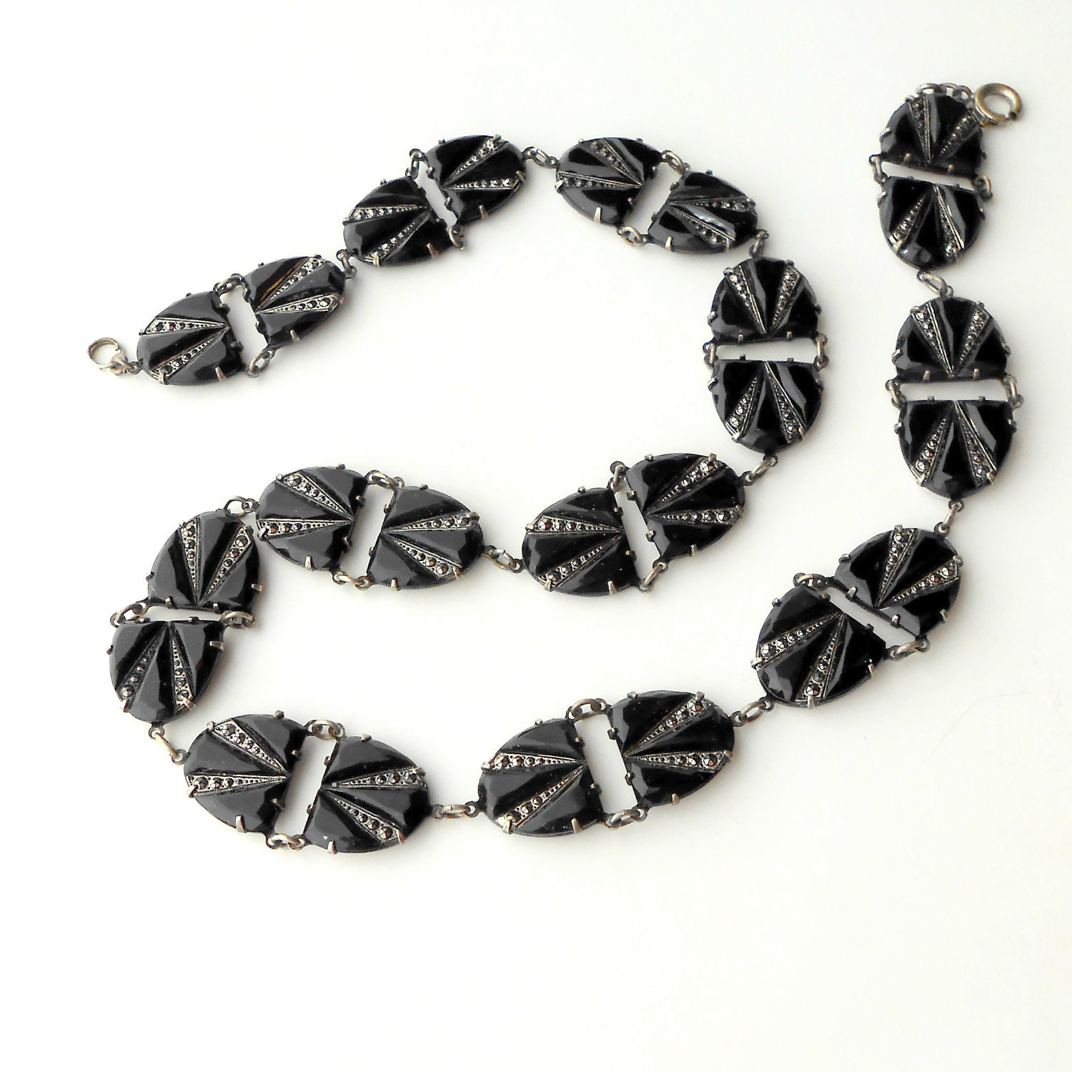 Art Deco Necklace.  Black Glass Sterling. Open Back. Painted Marcasites.