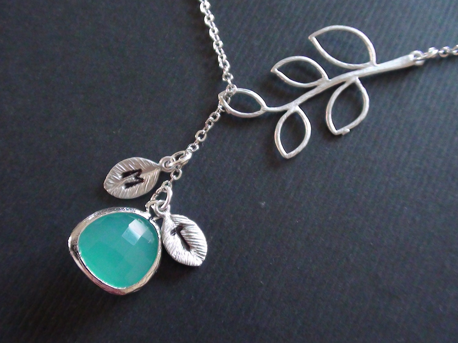 Sale-Personalized Initials-Five Leaf Branch And Fancy Drop Opal Mint Pendant With Two Initial Leafs-Lariat Necklace