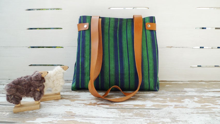 Striped Silk and Cotton Tote Bag  - Leather Single Strap Shoulder bag / Tote Bag / Diaper Bag / Messenger Bag