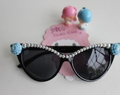 Aqua Blue Cabbage Rose & White Pearls on Black Cat Eye Retro Sunglasses