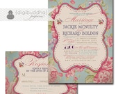 Vintage Rose Wedding Invitation & Response Card 2 Piece Wedding Suite RSVP Pink Blue Shabby Chic DIY Digital or Printed - Jackie Style