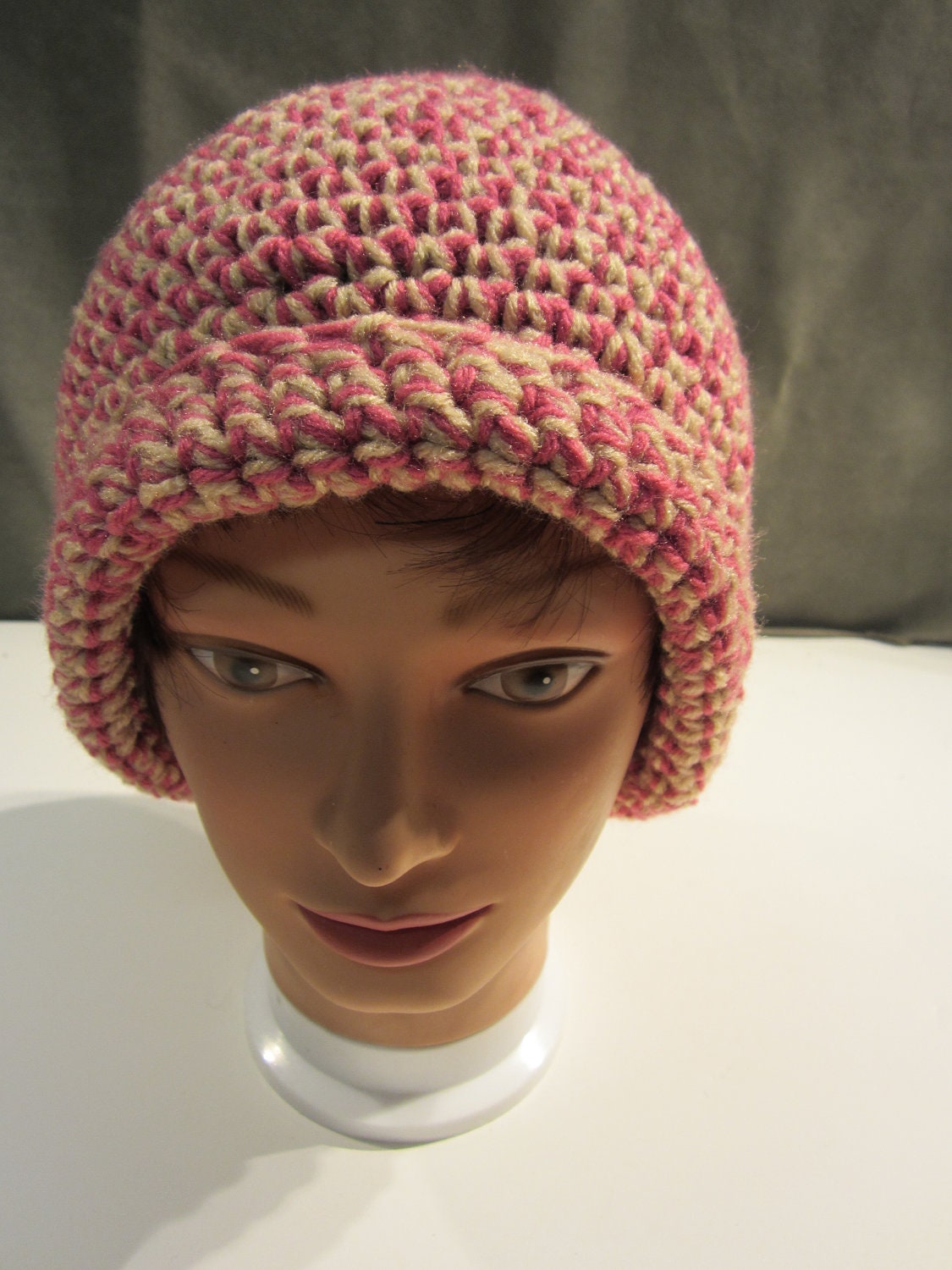 Handmade Acrylic Womans Hot Pink and Winter White, Heavy weight, thick two color yarn, Crochet Beanie Winter hat. Custom made