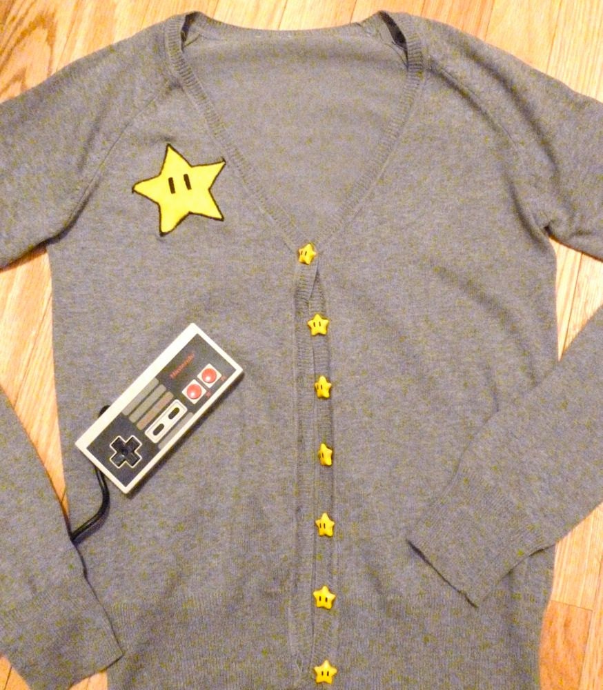 MARIO Inspired Cute Cardigan with Hand-made Applique and Hand-Made Invincibility Star Buttons