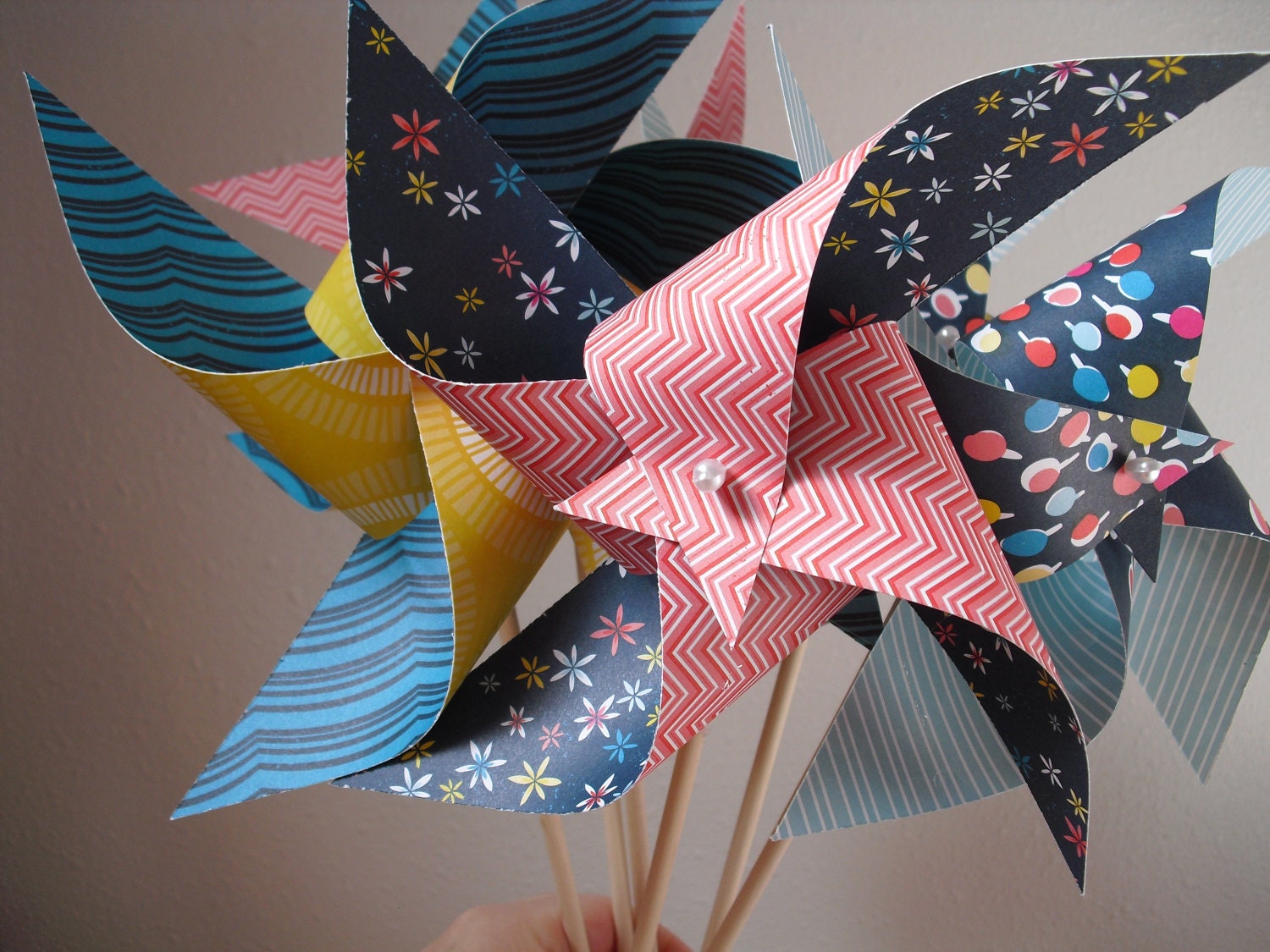 6 Large Spinning Pinwheels- In Blue, Red, and Yellow in assorted patterns