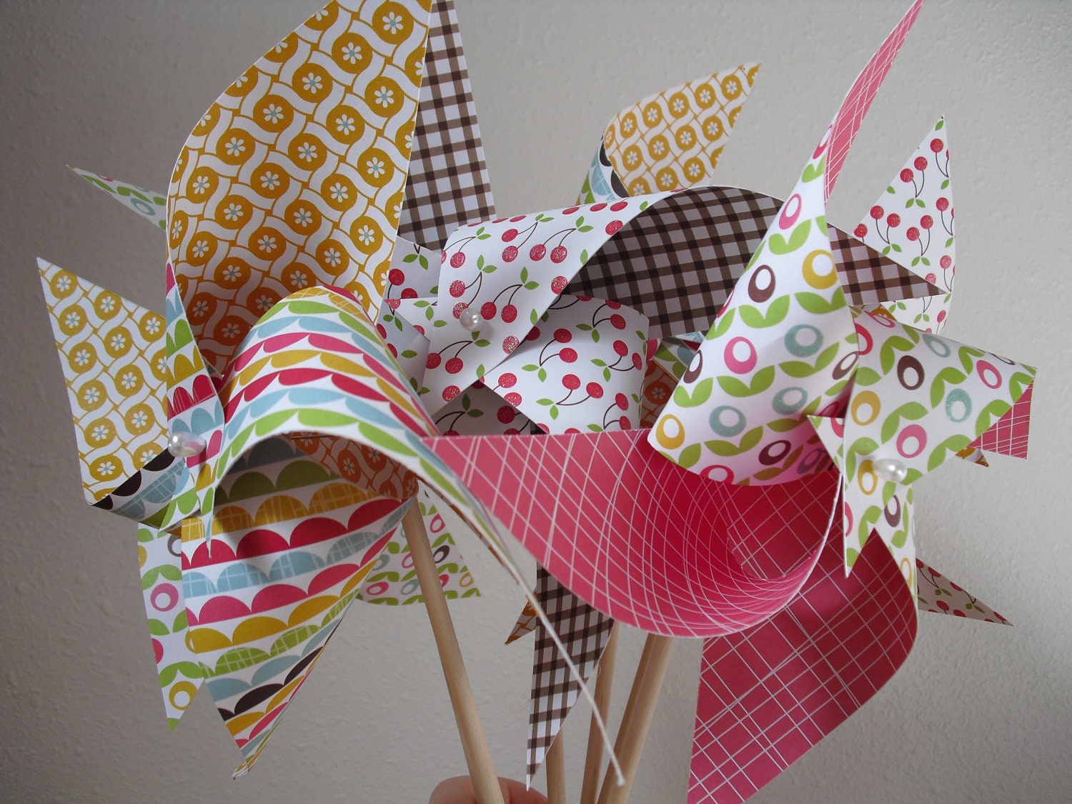 6 Large Spinning Pinwheels- Flowers and Cherries in Pink, Yellow, Red, and Assorted Colors