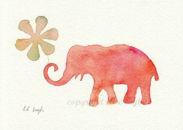 Pink Elephant with Flower Original Watercolor Painting, 5x7