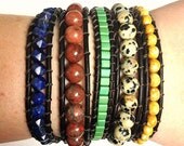 Lapis Lazuli Wrap bracelet with Sesame Jasper, Dalmatian Jasper and Czech glass on black leather 5X multiwrap cuff