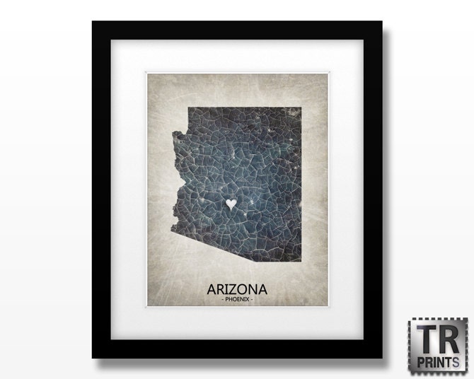 Arizona Custom State Map - Home Is Where The Heart Is - Home Town Love - Original Customizable Map Art Print 11x14