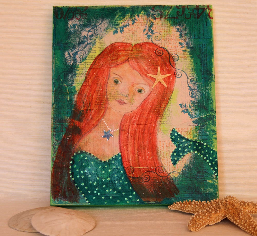 Mermaid Painting Mixed Media on 8 x 10 Wood Panel