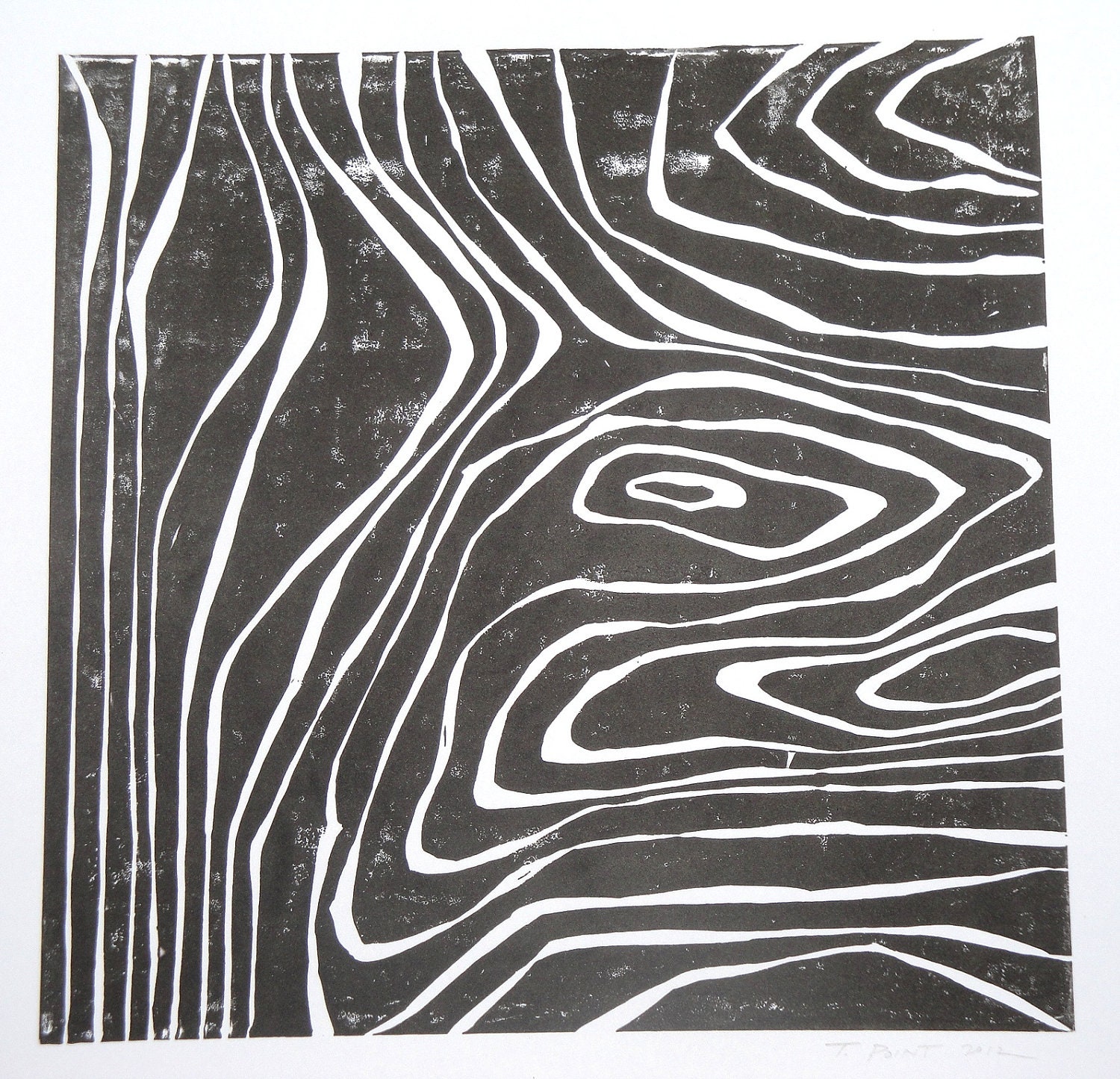 Square Modern Contemporary Abstract Wood Grain Linocut Art Print / 12 x 12 Home Decor / Black and White