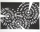 SALE Abstract Circular Tribal Patterns Art Block Print 5 x 7 Home Decor / Black, Red, Gold / Hand Pulled Linocut