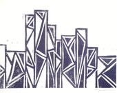SALE Geometric Tribal City Abstract Illustration Art Block Print 8 x 10 Home Decor / Midnight Purple / Hand Pulled Linocut