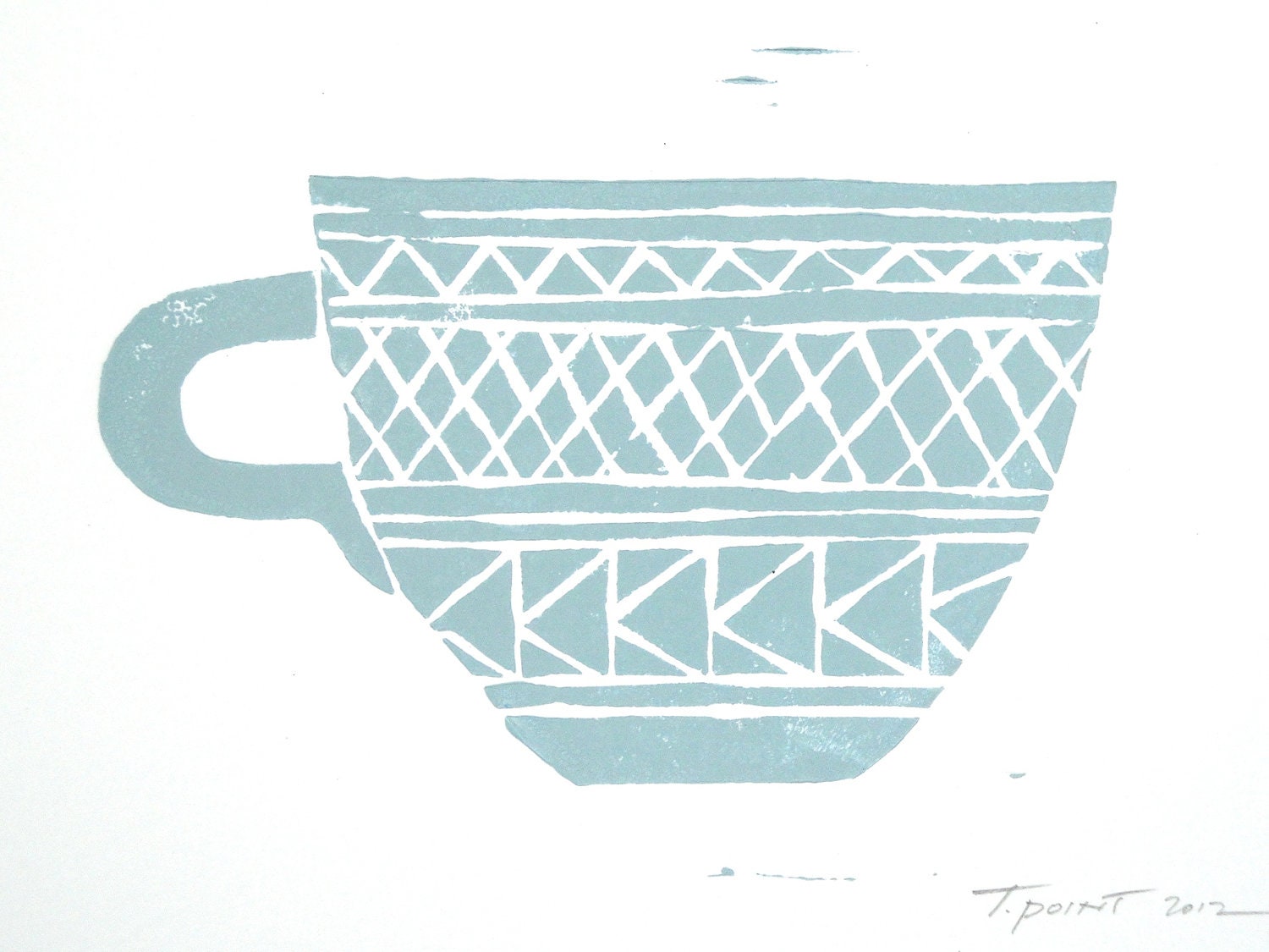 Geometric Patterns Coffee Cup Art Block Print 5 x 7 Home Decor / Light Blue, Navy, Mint, Sea Green / Hand Pulled Linocut / Kitchen Decor