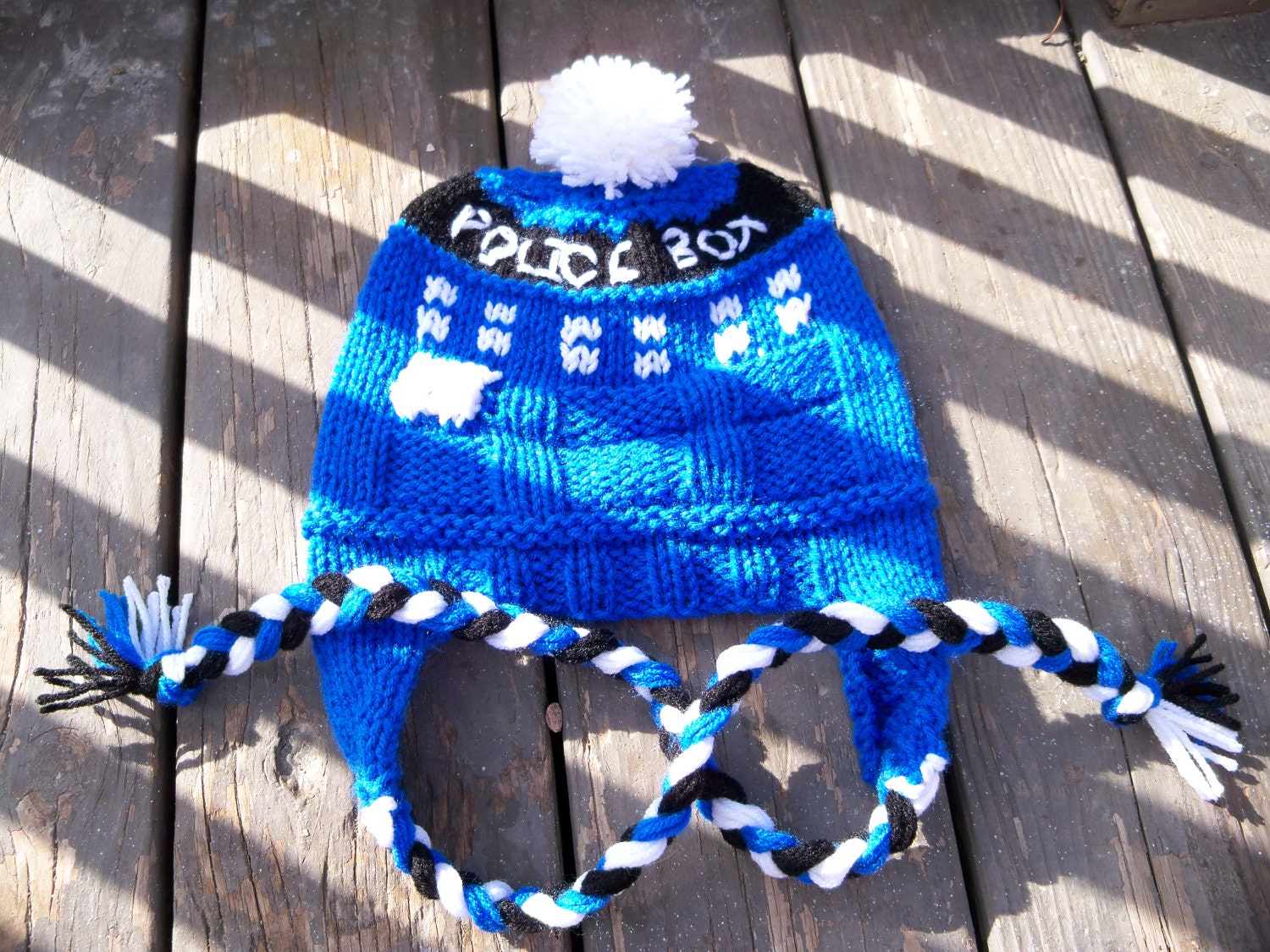 MADE TO ORDER T.A.R.D.I.S. Ear Flap Hat - Hand Knit