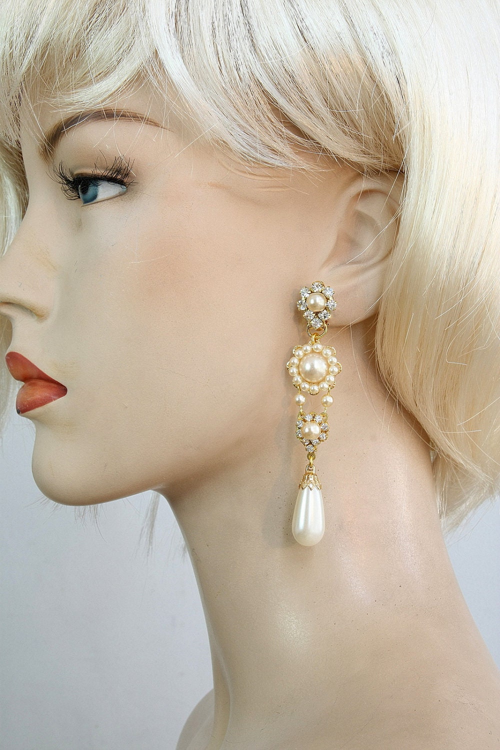 EXUISITE Chandelier Earrings,Bridal Earrings,Wedding Earrings,Clip On Earrings,Drop Pearls Earrings,Crystal,Victorian Style Jewelry